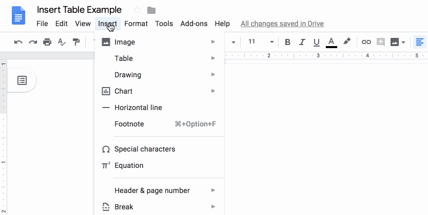 Google Doc insert table.